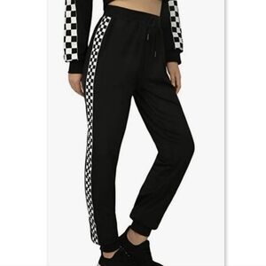 Soho Girl Black Joggers Stretchy Waist with Checkered Stripe on sides Size XL